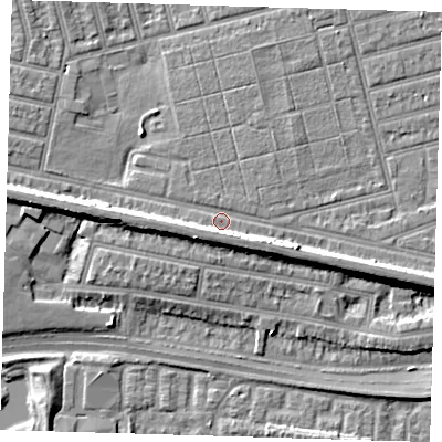 Shaded relief map of the ground around E63PW, computed from Environment Agency LiDAR. The ground here sits at about 4 m above sea level and falls 9 m across the surrounding 800 m. Surface water reaching this point runs off ground lying to the south-east, 4.4 m higher.