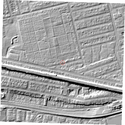 Shaded relief map of the ground around E63PX, computed from Environment Agency LiDAR. The ground here sits at about 4 m above sea level and falls 9 m across the surrounding 800 m. Surface water reaching this point runs off ground lying to the south-south-west, 5.5 m higher.