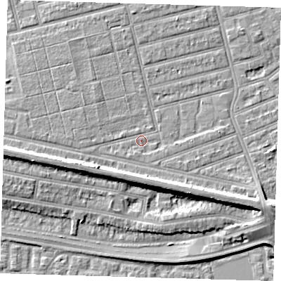 Shaded relief map of the ground around E63PY, computed from Environment Agency LiDAR. The ground here sits at about 4 m above sea level and falls 10 m across the surrounding 800 m. Surface water reaching this point runs off ground lying to the west-south-west, 5.6 m higher.