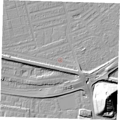 Shaded relief map of the ground around E63QA, computed from Environment Agency LiDAR. The ground here sits at about 4 m above sea level and falls 36 m across the surrounding 800 m. Surface water reaching this point runs off ground lying to the south-south-west, 4.0 m higher.