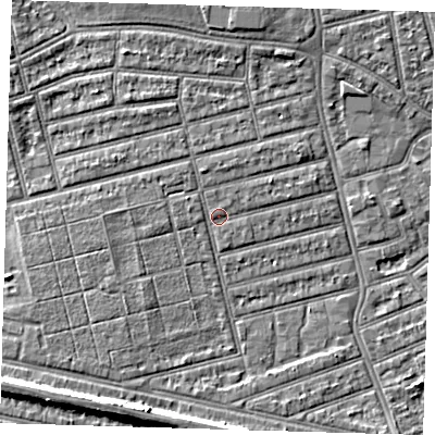 Shaded relief map of the ground around E63QH, computed from Environment Agency LiDAR. The ground here sits at about 4 m above sea level and falls 8 m across the surrounding 800 m. Surface water reaching this point runs off ground lying to the west-north-west, 0.9 m higher.