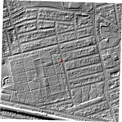 Shaded relief map of the ground around E63QJ, computed from Environment Agency LiDAR. The ground here sits at about 5 m above sea level and falls 8 m across the surrounding 800 m. Surface water reaching this point runs off ground lying to the north-west, 1.0 m higher.