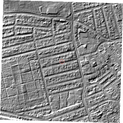 Shaded relief map of the ground around E63QL, computed from Environment Agency LiDAR. The ground here sits at about 4 m above sea level and falls 7 m across the surrounding 800 m. Surface water reaching this point runs off ground lying to the west-south-west, 0.9 m higher.