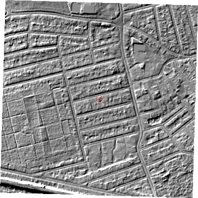 Shaded relief map of the ground around E63QN, computed from Environment Agency LiDAR. The ground here sits at about 4 m above sea level and falls 8 m across the surrounding 800 m. Surface water reaching this point runs off ground lying to the west, 0.8 m higher.