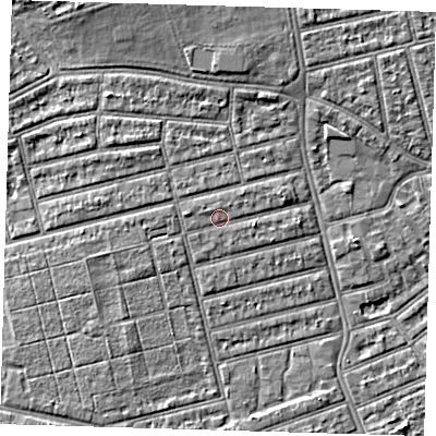 Shaded relief map of the ground around E63QQ, computed from Environment Agency LiDAR. The ground here sits at about 4 m above sea level and falls 5 m across the surrounding 800 m. Surface water reaching this point runs off ground lying to the west, 1.0 m higher.