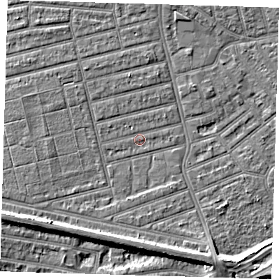 Shaded relief map of the ground around E63QU, computed from Environment Agency LiDAR. The ground here sits at about 4 m above sea level and falls 8 m across the surrounding 800 m. Surface water reaching this point runs off ground lying to the west-north-west, 1.0 m higher.