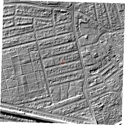 Shaded relief map of the ground around E63QW, computed from Environment Agency LiDAR. The ground here sits at about 4 m above sea level and falls 8 m across the surrounding 800 m. Surface water reaching this point runs off ground lying to the west-south-west, 1.2 m higher.