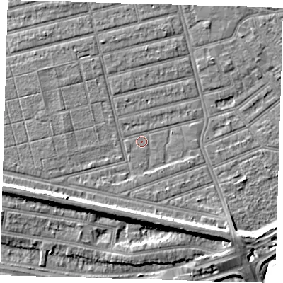 Shaded relief map of the ground around E63QY, computed from Environment Agency LiDAR. The ground here sits at about 4 m above sea level and falls 11 m across the surrounding 800 m. Surface water reaching this point runs off ground lying to the south-west, 6.0 m higher.