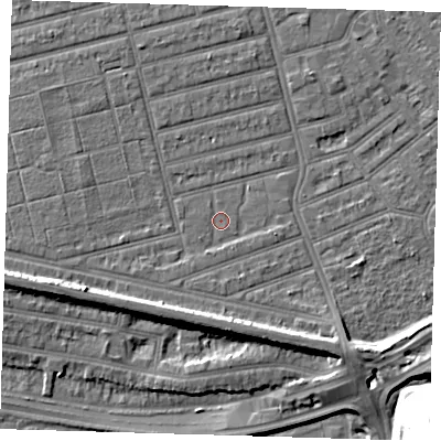 Shaded relief map of the ground around E63RA, computed from Environment Agency LiDAR. The ground here sits at about 4 m above sea level and falls 24 m across the surrounding 800 m. Surface water reaching this point runs off ground lying to the south-south-west, 1.0 m higher.