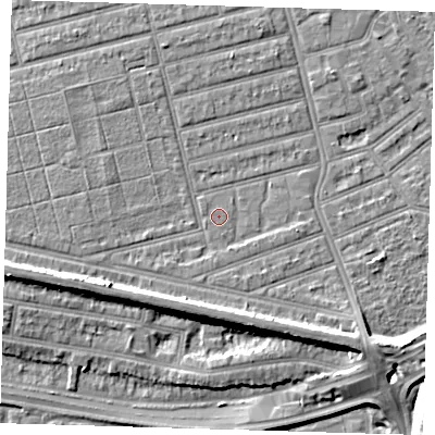 Shaded relief map of the ground around E63RB, computed from Environment Agency LiDAR. The ground here sits at about 4 m above sea level and falls 10 m across the surrounding 800 m. The ground contributing surface water to this point lies to the south-west.