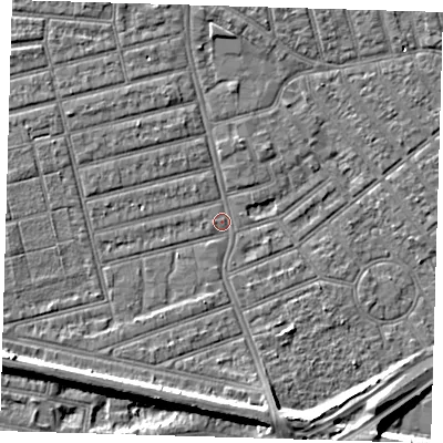 Shaded relief map of the ground around E63RR, computed from Environment Agency LiDAR. The ground here sits at about 3 m above sea level and falls 8 m across the surrounding 800 m. Surface water reaching this point runs off ground lying to the south-west, 5.4 m higher.