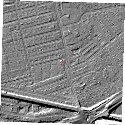 Shaded relief map of the ground around E63RS, computed from Environment Agency LiDAR. The ground here sits at about 3 m above sea level and falls 14 m across the surrounding 800 m. Surface water reaching this point runs off ground lying to the west-south-west, 6.3 m higher.