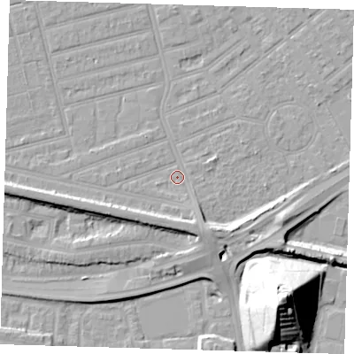 Shaded relief map of the ground around E63RT, computed from Environment Agency LiDAR. The ground here sits at about 4 m above sea level and falls 36 m across the surrounding 800 m. Surface water reaching this point runs off ground lying to the south-west, 4.5 m higher.