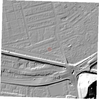 Shaded relief map of the ground around E63RU, computed from Environment Agency LiDAR. The ground here sits at about 4 m above sea level and falls 36 m across the surrounding 800 m. Surface water reaching this point runs off ground lying to the south, 4.3 m higher.