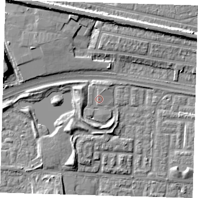 Shaded relief map of the ground around E65AD, computed from Environment Agency LiDAR. The ground here sits at about 3 m above sea level and falls 11 m across the surrounding 800 m. Surface water reaching this point runs off ground lying to the north-north-east, 0.9 m higher.