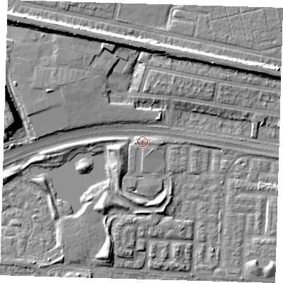 Shaded relief map of the ground around E65AF, computed from Environment Agency LiDAR. The ground here sits at about 3 m above sea level and falls 11 m across the surrounding 800 m. Surface water reaching this point runs off ground lying to the east, 2.0 m higher.