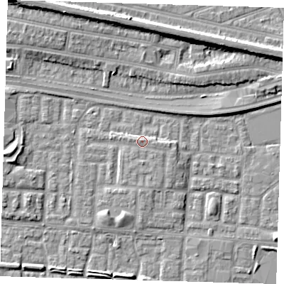 Shaded relief map of the ground around E65JR, computed from Environment Agency LiDAR. The ground here sits at about 3 m above sea level and falls 9 m across the surrounding 800 m. Surface water reaching this point runs off ground lying to the north-east, 0.8 m higher.