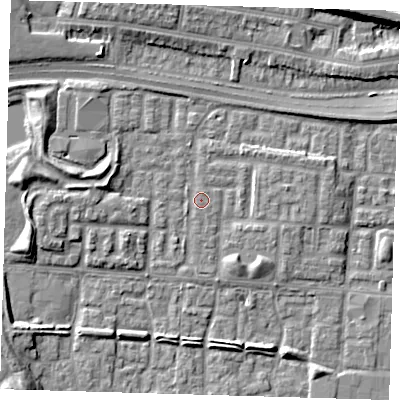 Shaded relief map of the ground around E65JW, computed from Environment Agency LiDAR. The ground here sits at about 2 m above sea level and falls 8 m across the surrounding 800 m. Surface water reaching this point runs off ground lying to the north-north-east, 0.7 m higher.