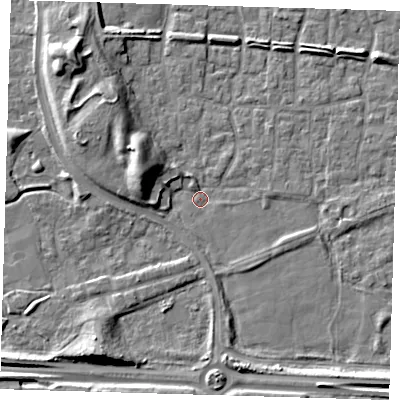 Shaded relief map of the ground around E65LT, computed from Environment Agency LiDAR. The ground here sits at about 1 m above sea level and falls 9 m across the surrounding 800 m. Surface water reaching this point runs off ground lying to the north-west, 8.8 m higher.