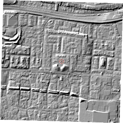 Shaded relief map of the ground around E65LY, computed from Environment Agency LiDAR. The ground here sits at about 2 m above sea level and falls 5 m across the surrounding 800 m. Surface water reaching this point runs off ground lying to the south-south-east, 2.0 m higher.