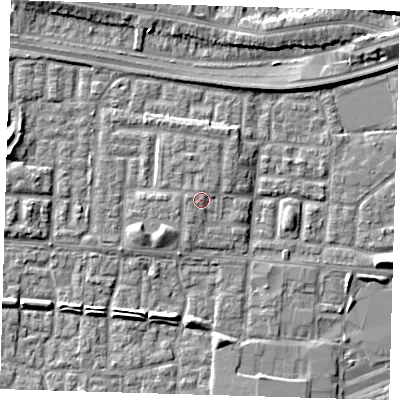 Shaded relief map of the ground around E65LZ, computed from Environment Agency LiDAR. The ground here sits at about 3 m above sea level and falls 8 m across the surrounding 800 m. The ground contributing surface water to this point lies to the west.