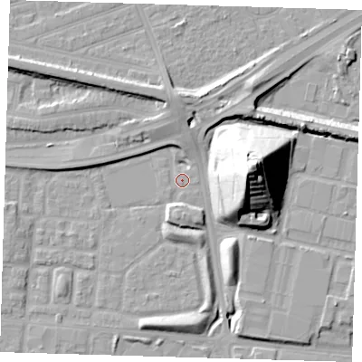 Shaded relief map of the ground around E65NX, computed from Environment Agency LiDAR. The ground here sits at about 1 m above sea level and falls 36 m across the surrounding 800 m. Surface water reaching this point runs off ground lying to the east-north-east, 36.4 m higher.