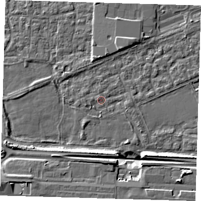 Shaded relief map of the ground around E65QH, computed from Environment Agency LiDAR. The ground here sits at about 2 m above sea level and falls 9 m across the surrounding 800 m. Surface water reaching this point runs off ground lying to the west-north-west, 1.0 m higher.