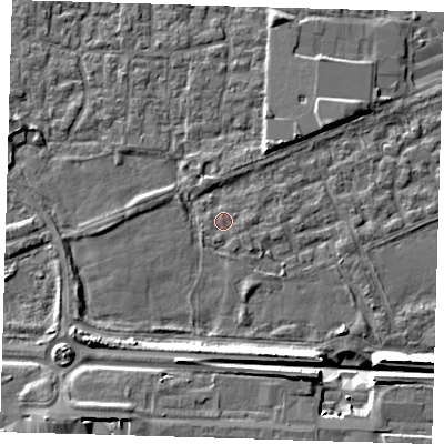 Shaded relief map of the ground around E65QJ, computed from Environment Agency LiDAR. The ground here sits at about 2 m above sea level and falls 9 m across the surrounding 800 m. Surface water reaching this point runs off ground lying to the east, 0.9 m higher.