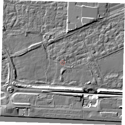 Shaded relief map of the ground around E65QL, computed from Environment Agency LiDAR. The ground here sits at about 2 m above sea level and falls 9 m across the surrounding 800 m. Surface water reaching this point runs off ground lying to the north-north-east, 1.0 m higher.
