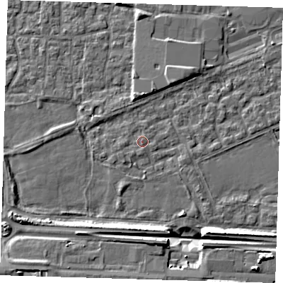 Shaded relief map of the ground around E65QQ, computed from Environment Agency LiDAR. The ground here sits at about 2 m above sea level and falls 9 m across the surrounding 800 m. Surface water reaching this point runs off ground lying to the west, 0.9 m higher.