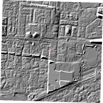 Shaded relief map of the ground around E65RE, computed from Environment Agency LiDAR. The ground here sits at about 2 m above sea level and falls 6 m across the surrounding 800 m. Surface water reaching this point runs off ground lying to the south-south-west, 1.2 m higher.