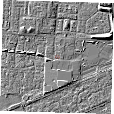 Shaded relief map of the ground around E65RG, computed from Environment Agency LiDAR. The ground here sits at about 2 m above sea level and falls 6 m across the surrounding 800 m. Surface water reaching this point runs off ground lying to the north-north-east, 1.1 m higher.