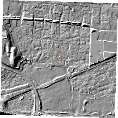 Shaded relief map of the ground around E65RL, computed from Environment Agency LiDAR. The ground here sits at about 1 m above sea level and falls 9 m across the surrounding 800 m. Surface water reaching this point runs off ground lying to the south-west, 0.8 m higher.