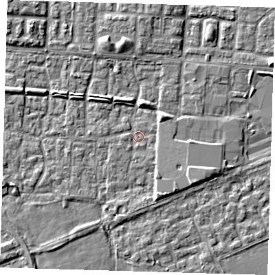 Shaded relief map of the ground around E65RN, computed from Environment Agency LiDAR. The ground here sits at about 1 m above sea level and falls 5 m across the surrounding 800 m. Surface water reaching this point runs off ground lying to the south-east, 3.9 m higher.