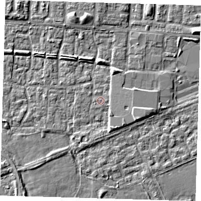 Shaded relief map of the ground around E65RR, computed from Environment Agency LiDAR. The ground here sits at about 2 m above sea level and falls 6 m across the surrounding 800 m. Surface water reaching this point runs off ground lying to the east-south-east, 3.5 m higher.