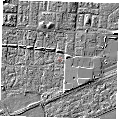Shaded relief map of the ground around E65RW, computed from Environment Agency LiDAR. The ground here sits at about 1 m above sea level and falls 6 m across the surrounding 800 m. Surface water reaching this point runs off ground lying to the south-east, 4.0 m higher.