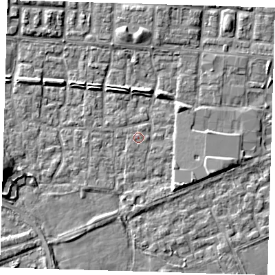 Shaded relief map of the ground around E65RX, computed from Environment Agency LiDAR. The ground here sits at about 1 m above sea level and falls 8 m across the surrounding 800 m. The ground contributing surface water to this point lies to the south-south-west.