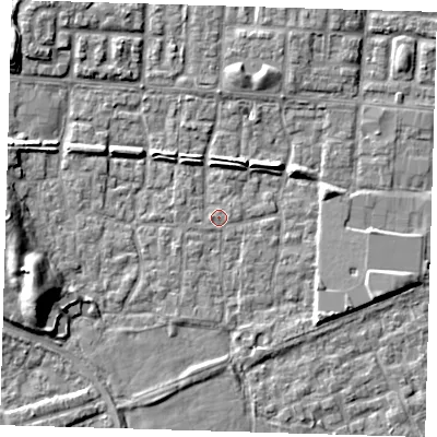 Shaded relief map of the ground around E65RY, computed from Environment Agency LiDAR. The ground here sits at about 1 m above sea level and falls 9 m across the surrounding 800 m. Surface water reaching this point runs off ground lying to the east-south-east, 4.7 m higher.