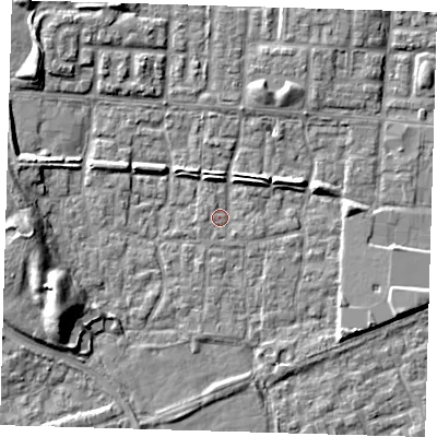 Shaded relief map of the ground around E65SB, computed from Environment Agency LiDAR. The ground here sits at about 1 m above sea level and falls 9 m across the surrounding 800 m. Surface water reaching this point runs off ground lying to the east-south-east, 4.7 m higher.