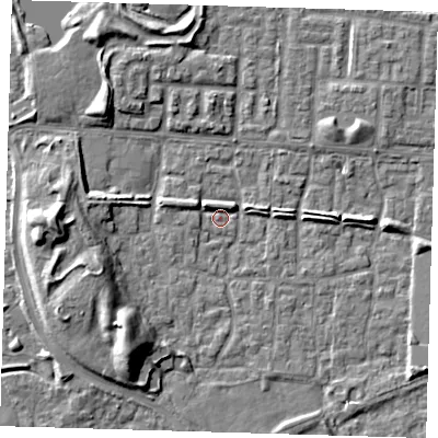 Shaded relief map of the ground around E65SG, computed from Environment Agency LiDAR. The ground here sits at about 1 m above sea level and falls 9 m across the surrounding 800 m. Surface water reaching this point runs off ground lying to the north-east, 2.3 m higher.