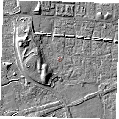 Shaded relief map of the ground around E65SL, computed from Environment Agency LiDAR. The ground here sits at about 1 m above sea level and falls 9 m across the surrounding 800 m. Surface water reaching this point runs off ground lying to the south-west, 9.2 m higher.