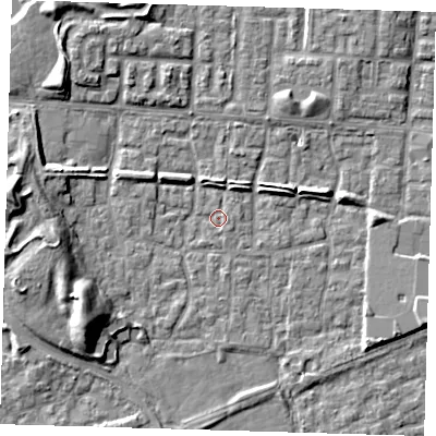 Shaded relief map of the ground around E65SN, computed from Environment Agency LiDAR. The ground here sits at about 1 m above sea level and falls 9 m across the surrounding 800 m. Surface water reaching this point runs off ground lying to the west, 8.9 m higher.