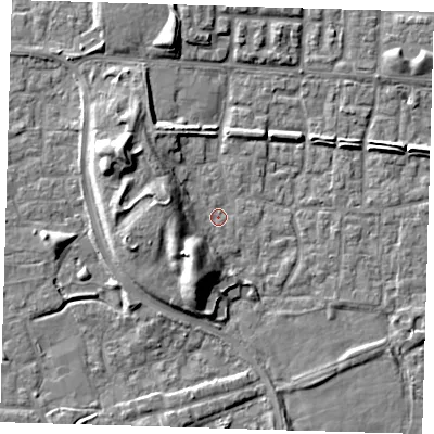 Shaded relief map of the ground around E65SP, computed from Environment Agency LiDAR. The ground here sits at about 1 m above sea level and falls 9 m across the surrounding 800 m. Surface water reaching this point runs off ground lying to the south-west, 8.6 m higher.