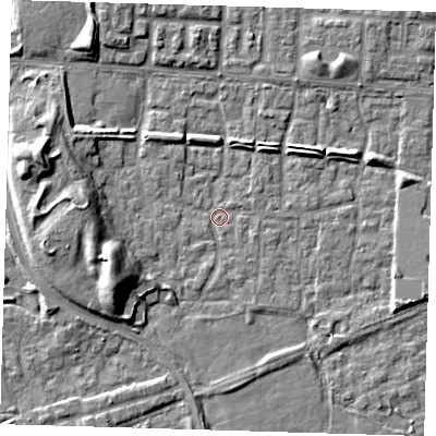Shaded relief map of the ground around E65SQ, computed from Environment Agency LiDAR. The ground here sits at about 1 m above sea level and falls 9 m across the surrounding 800 m. Surface water reaching this point runs off ground lying to the west-south-west, 9.4 m higher.