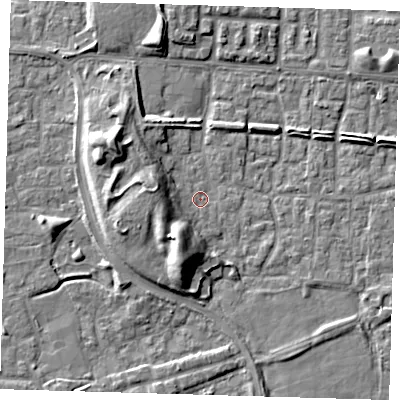 Shaded relief map of the ground around E65SR, computed from Environment Agency LiDAR. The ground here sits at about 1 m above sea level and falls 10 m across the surrounding 800 m. Surface water reaching this point runs off ground lying to the south-south-west, 8.6 m higher.