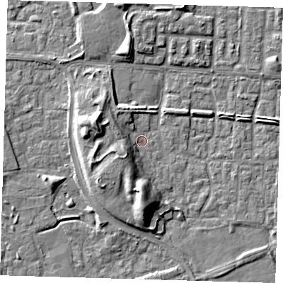 Shaded relief map of the ground around E65SS, computed from Environment Agency LiDAR. The ground here sits at about 1 m above sea level and falls 10 m across the surrounding 800 m. Surface water reaching this point runs off ground lying to the south, 9.2 m higher.