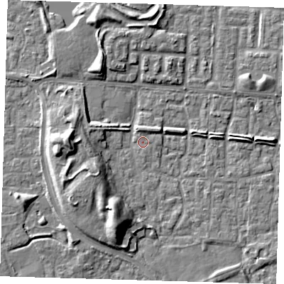 Shaded relief map of the ground around E65SU, computed from Environment Agency LiDAR. The ground here sits at about 1 m above sea level and falls 9 m across the surrounding 800 m. Surface water reaching this point runs off ground lying to the south-south-west, 8.6 m higher.