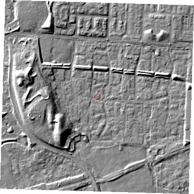 Shaded relief map of the ground around E65SW, computed from Environment Agency LiDAR. The ground here sits at about 1 m above sea level and falls 9 m across the surrounding 800 m. Surface water reaching this point runs off ground lying to the south-west, 9.4 m higher.