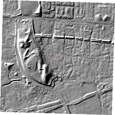 Shaded relief map of the ground around E65SZ, computed from Environment Agency LiDAR. The ground here sits at about 1 m above sea level and falls 9 m across the surrounding 800 m. Surface water reaching this point runs off ground lying to the south-west, 9.2 m higher.