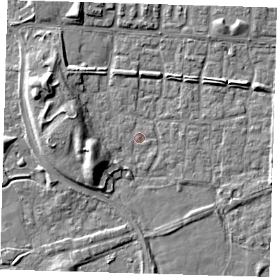 Shaded relief map of the ground around E65TB, computed from Environment Agency LiDAR. The ground here sits at about 1 m above sea level and falls 9 m across the surrounding 800 m. Surface water reaching this point runs off ground lying to the west-south-west, 8.8 m higher.